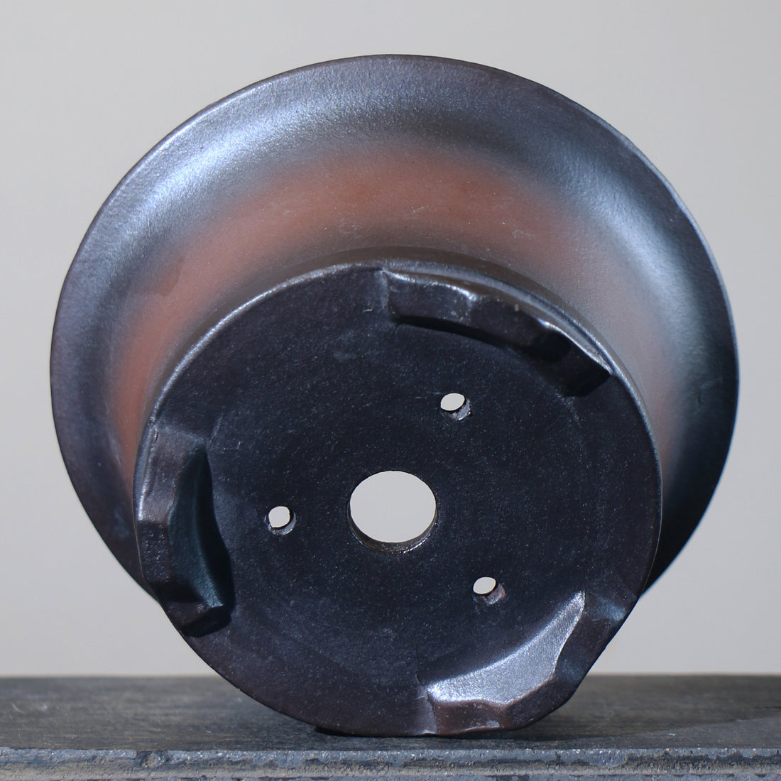 5.4 inch (13.8cm) Small Flared Round Black-Brown Gradient Unglazed Semi-Cascade Bonsai Pot Bottom View