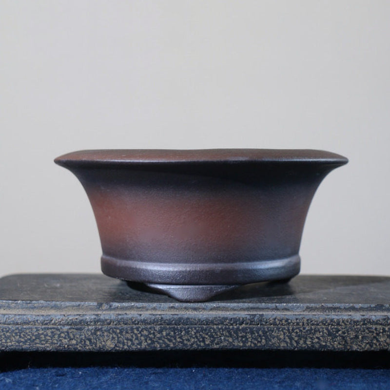 5.4 inch (13.8cm) Small Flared Round Black-Brown Gradient Unglazed Semi-Cascade Bonsai Pot Corner View