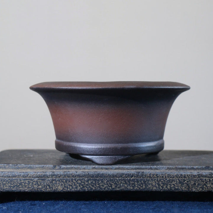 5.4 inch (13.8cm) Small Flared Round Black-Brown Gradient Unglazed Semi-Cascade Bonsai Pot Corner View