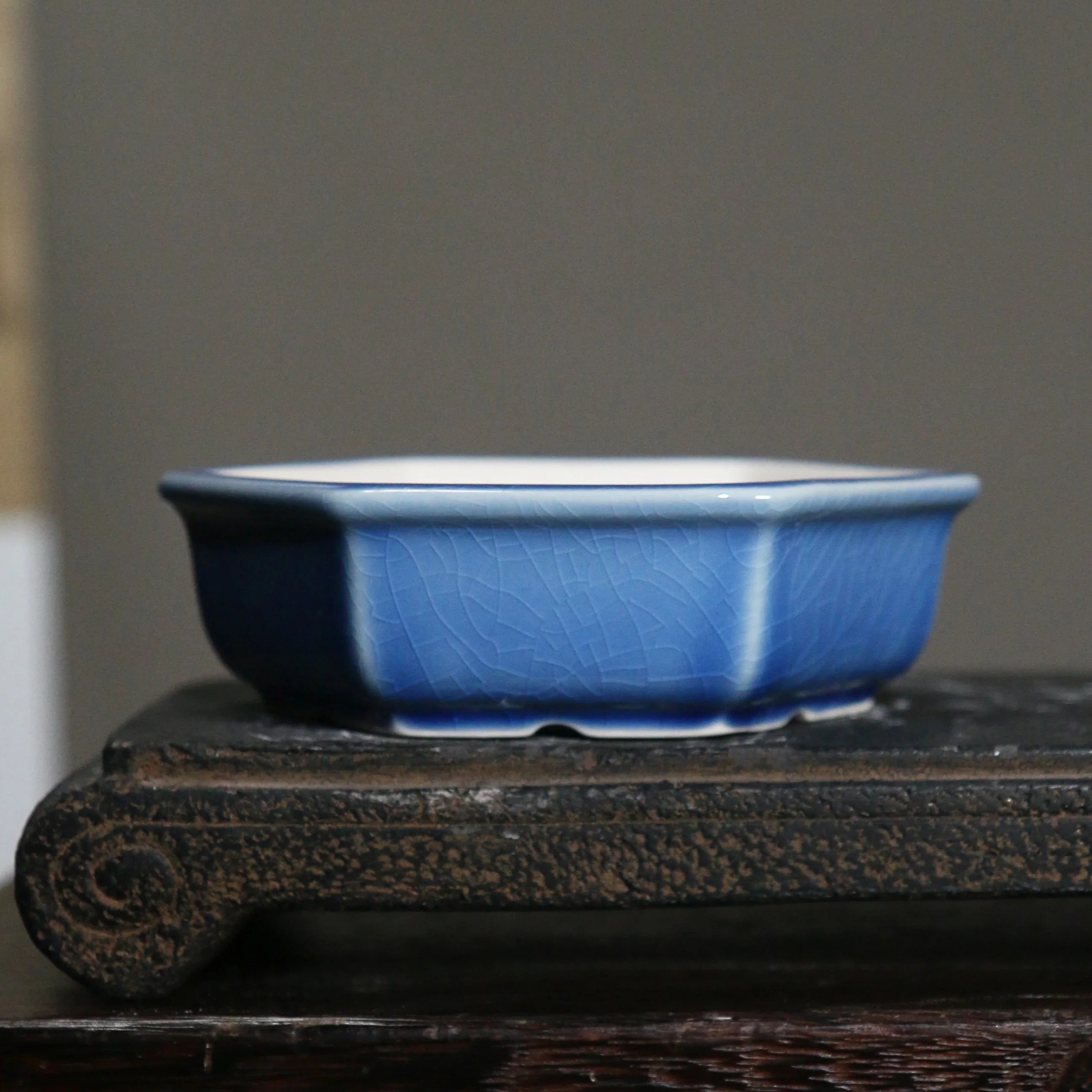 5.5" (14cm) Mini Hexagonal Glazed Handmade Bonsai Pots Blue Color