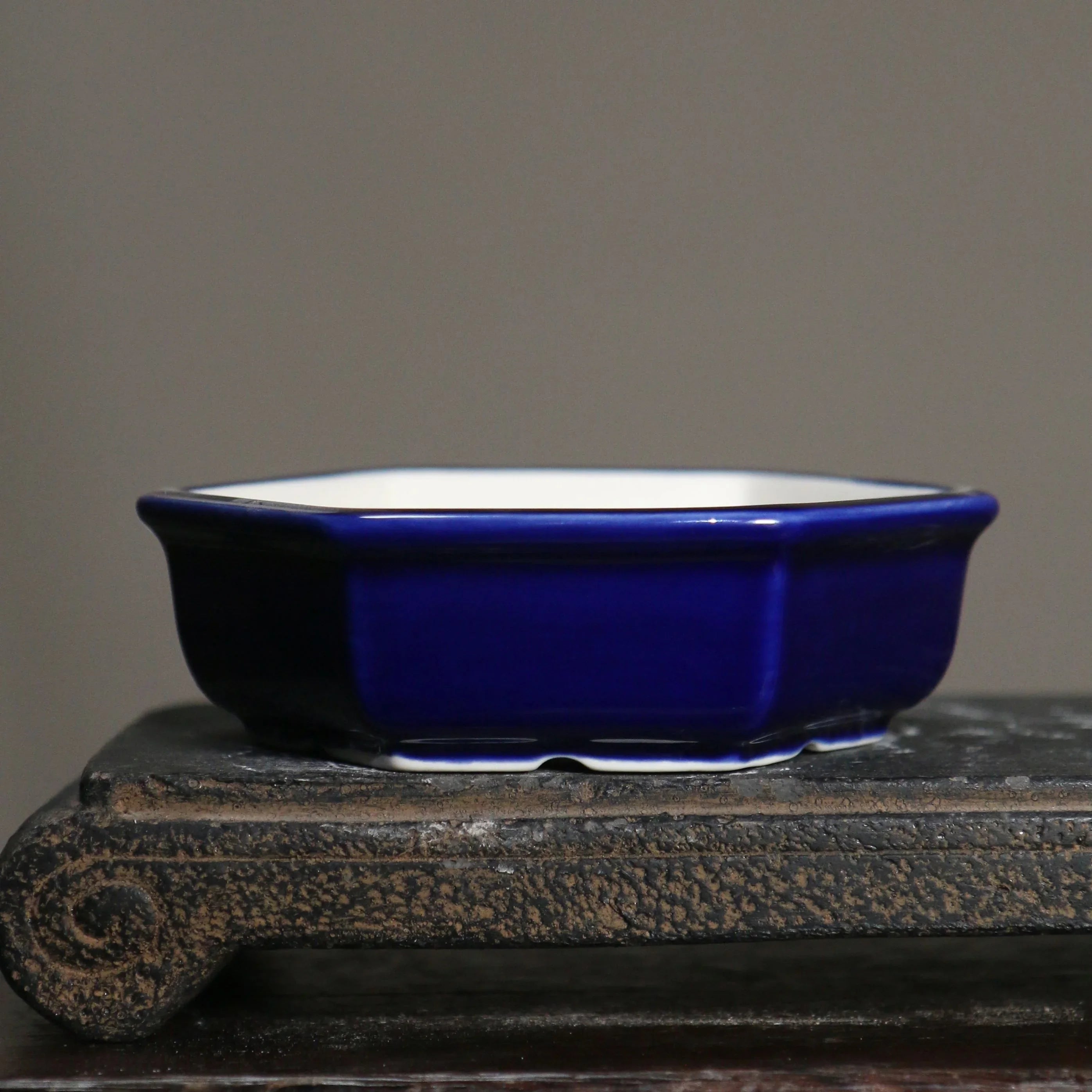 5.5" (14cm) Mini Hexagonal Glazed Handmade Bonsai Pots Dark Blue Color