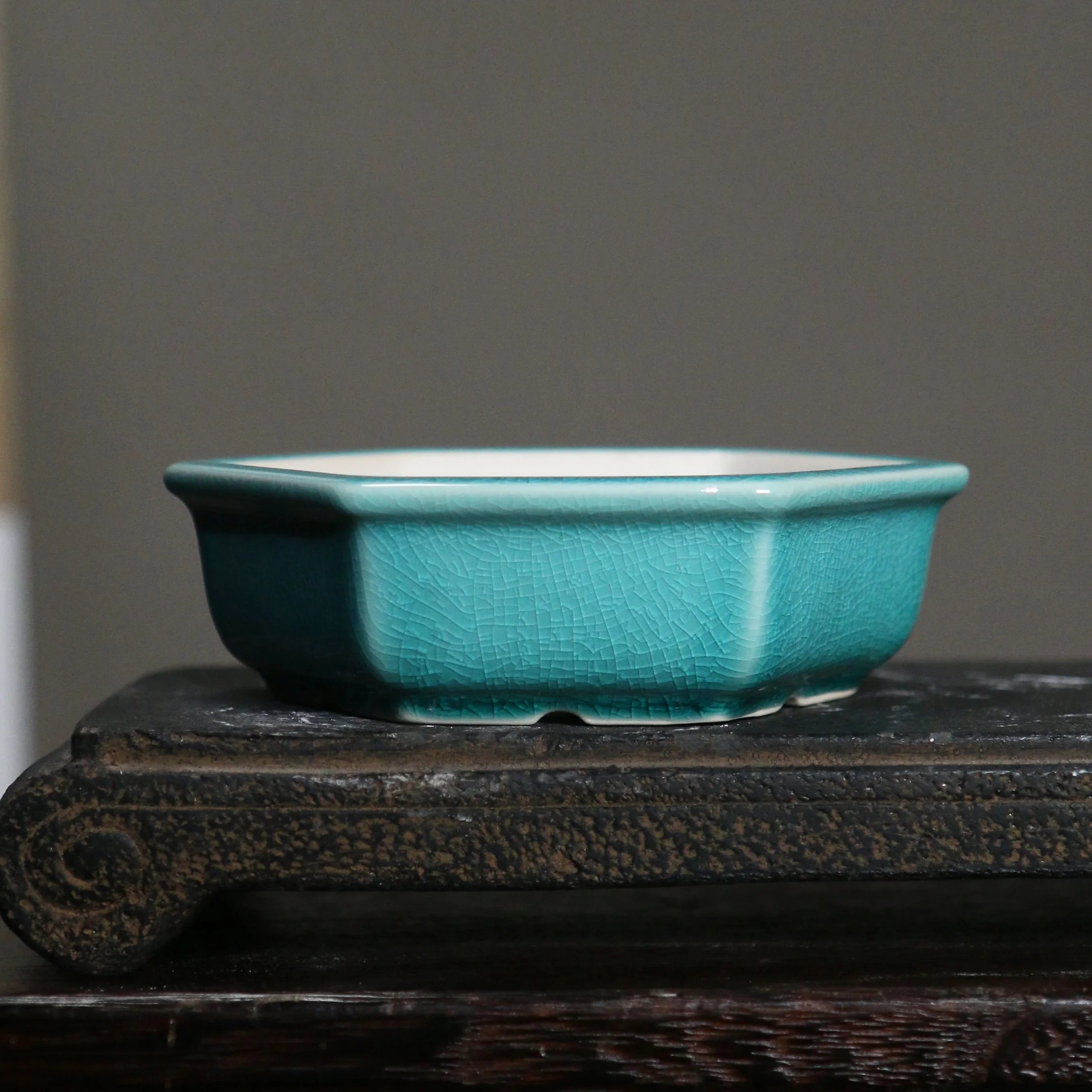 5.5" (14cm) Mini Hexagonal Glazed Handmade Bonsai Pots Green Color