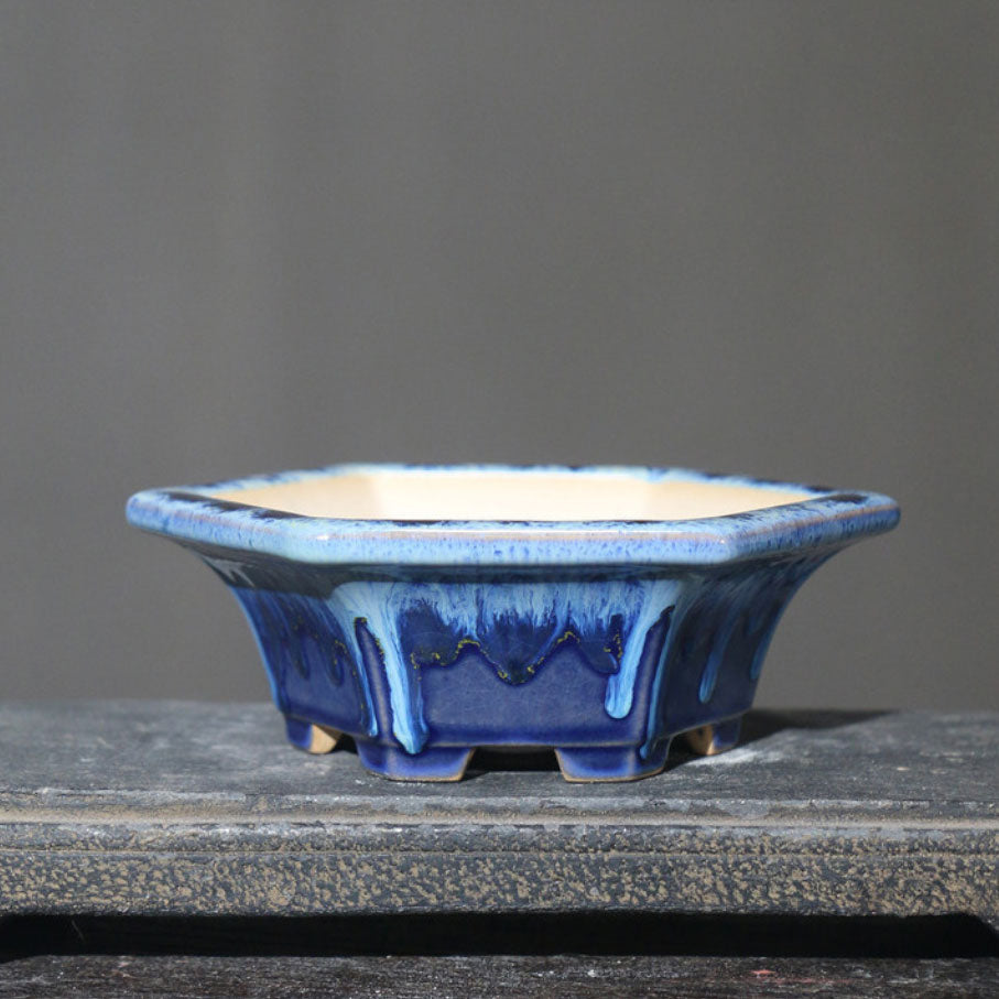 5.5" (14cm) Small Hexagonal Drip Glazed Handmade Bonsai Pots Blue Color