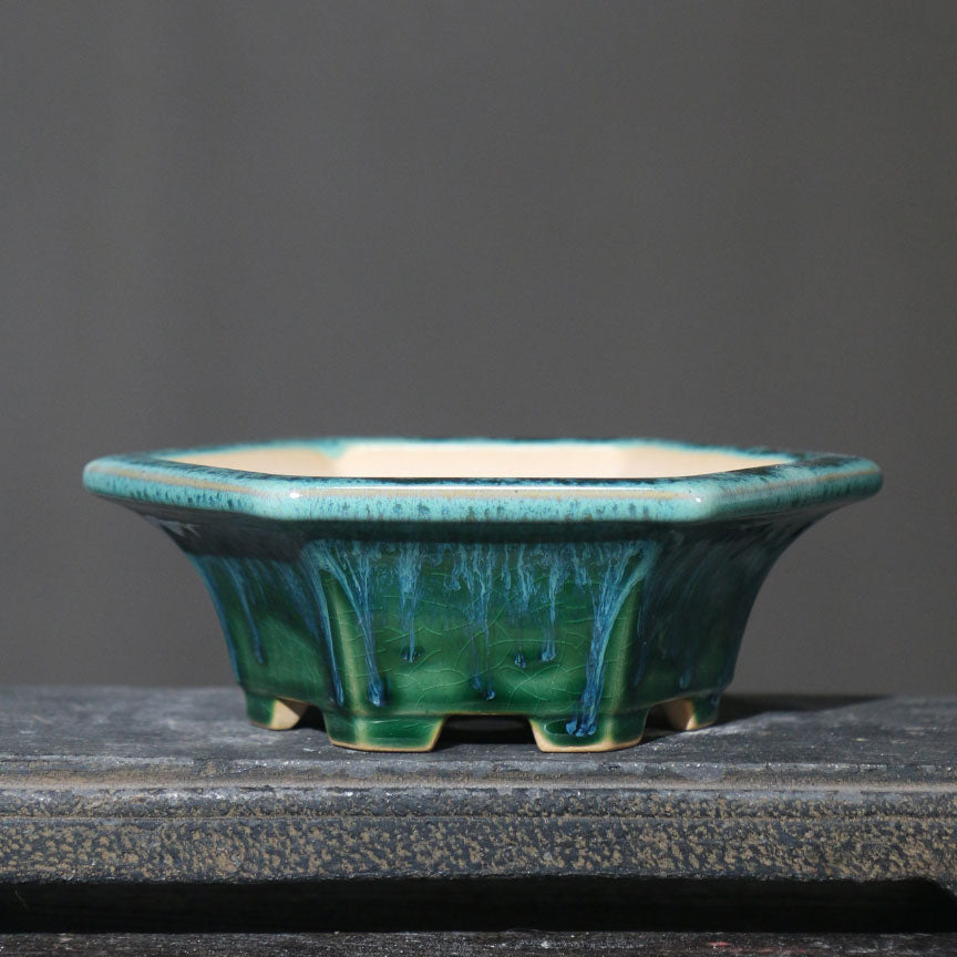 5.5" (14cm) Small Hexagonal Drip Glazed Handmade Bonsai Pots Green Color
