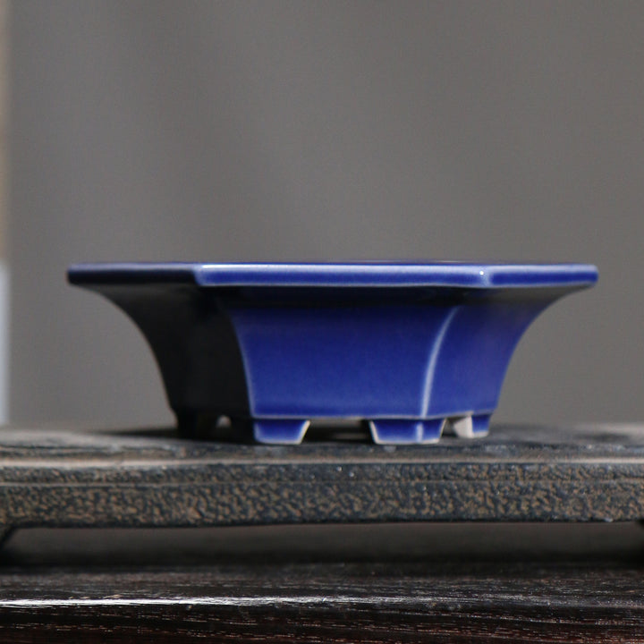 5.5" (14cm) Small Hexagonal Glazed Handmade Bonsai Pots Dark Blue Color