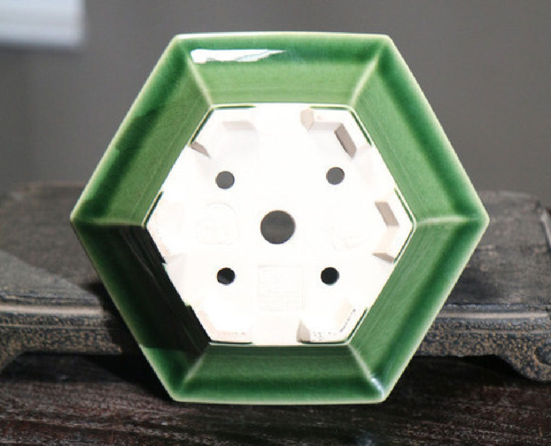 5.5" (14cm) Small Hexagonal Glazed Handmade Bonsai Pots Dark Bottom View