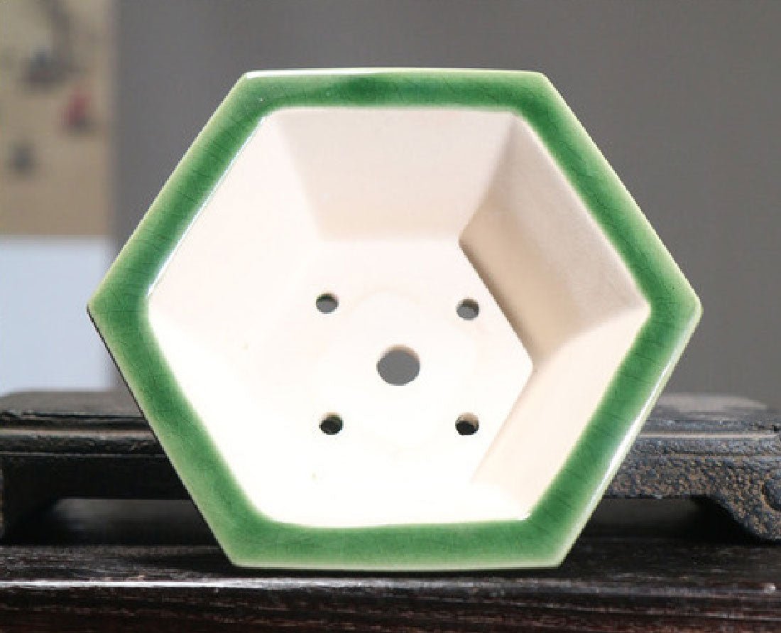 5.5" (14cm) Small Hexagonal Glazed Handmade Bonsai Pots Dark Inner View
