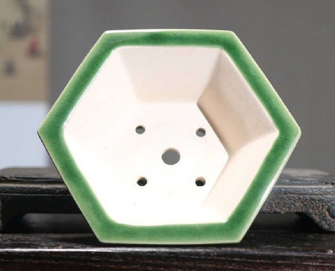 5.5" (14cm) Small Hexagonal Glazed Handmade Bonsai Pots Dark Inner View