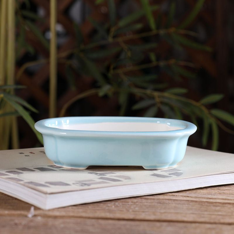 5.5" (14cm) Small Shallow Rounded Rectangular Glazed Shohin Bonsai Pots Blue Color