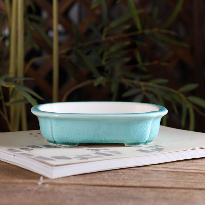 5.5" (14cm) Small Shallow Rounded Rectangular Glazed Shohin Bonsai Pots Blue Color