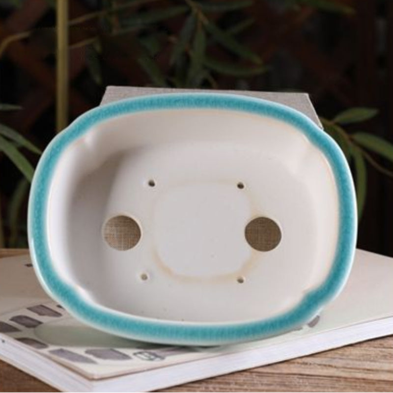 5.5" (14cm) Small Shallow Rounded Rectangular Glazed Shohin Bonsai Pots Inner View