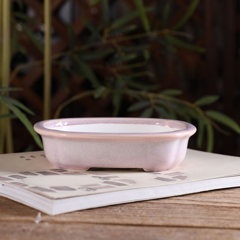 5.5" (14cm) Small Shallow Rounded Rectangular Glazed Shohin Bonsai Pots Pink Color