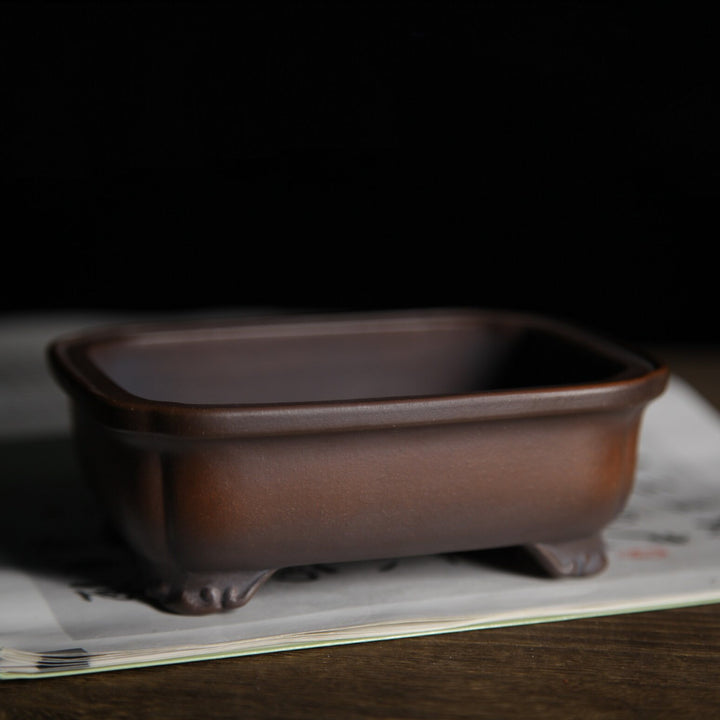 5.5 inch (14.1cm) Rectangular Indented Corner Gradient Finish Wood-Fired Unglazed Bonsai Pot