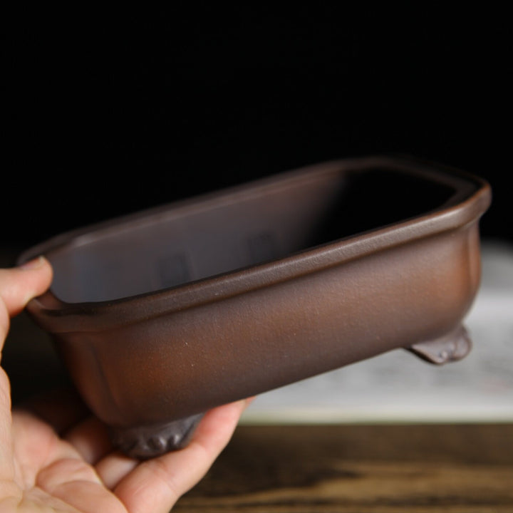 5.5 inch (14.1cm) Rectangular Indented Corner Gradient Finish Wood-Fired Unglazed Bonsai Pot
