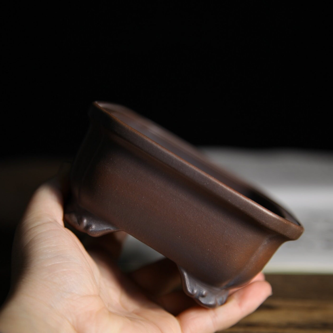 5.5 inch (14.1cm) Rectangular Indented Corner Gradient Finish Wood-Fired Unglazed Bonsai Pot Side View