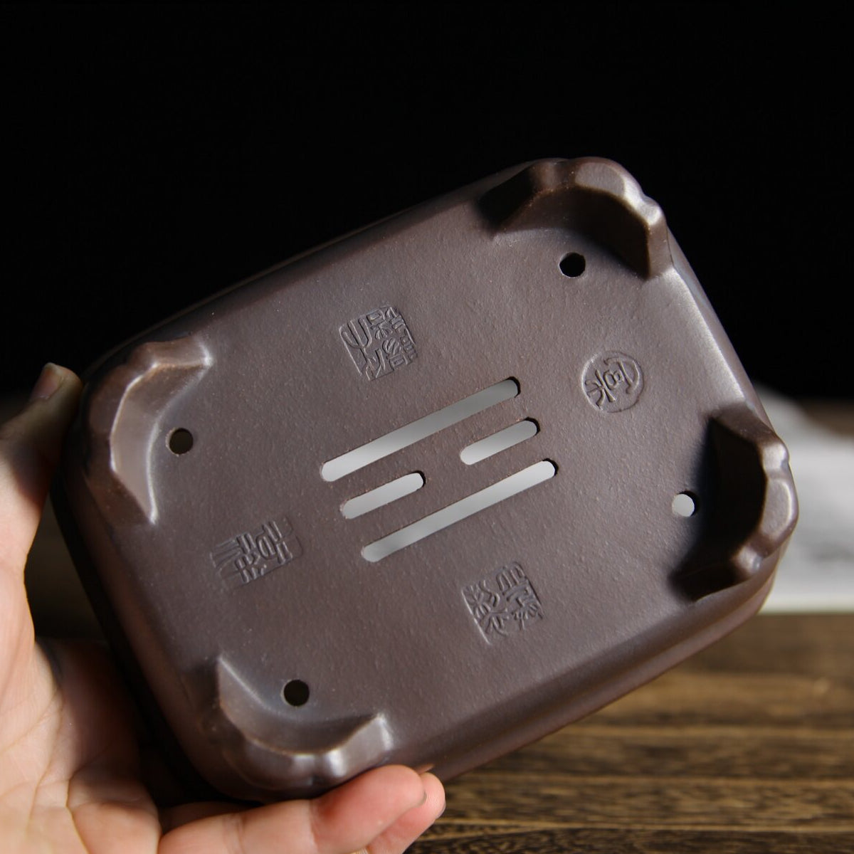 5.5 inch (14.1cm) Rectangular Indented Corner Gradient Finish Wood-Fired Unglazed Bonsai Pot Bottom View