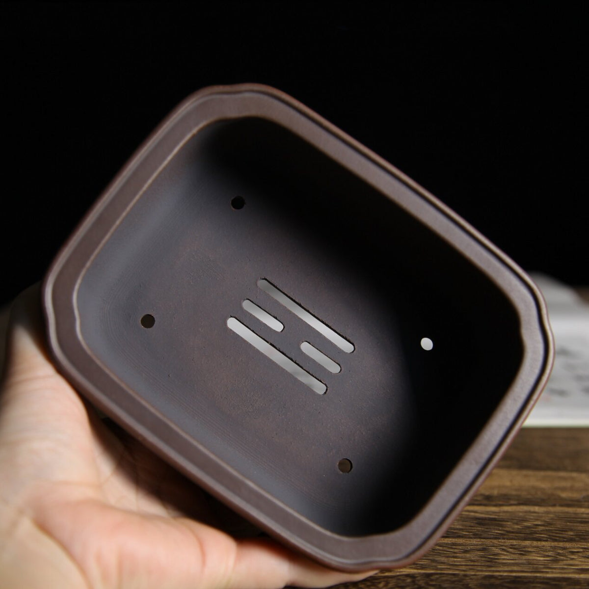 5.5 inch (14.1cm) Rectangular Indented Corner Gradient Finish Wood-Fired Unglazed Bonsai Pot Inside View