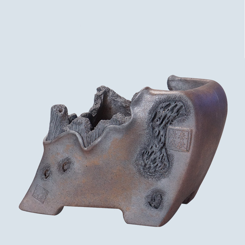 5.5 inch (14cm) Deep Abstract Cliff-Edge Style Textured Slanted Semi Cascade Bonsai Pot