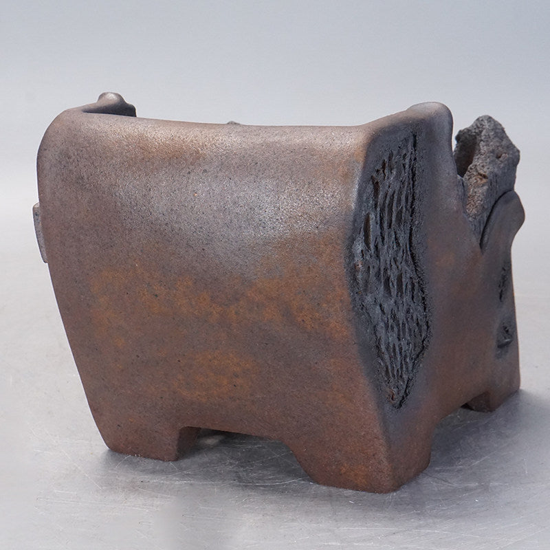 5.5 inch (14cm) Deep Abstract Cliff-Edge Style Textured Slanted Semi Cascade Bonsai Pot Back View