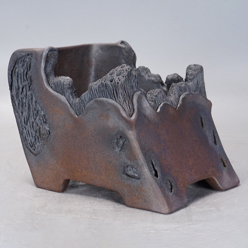 5.5 inch (14cm) Deep Abstract Cliff-Edge Style Textured Slanted Semi Cascade Bonsai Pot Corner View