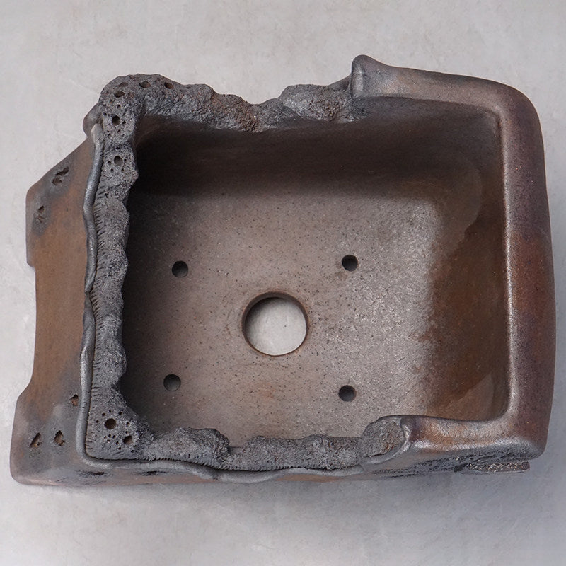 5.5 inch (14cm) Deep Abstract Cliff-Edge Style Textured Slanted Semi Cascade Bonsai Pot Inner View