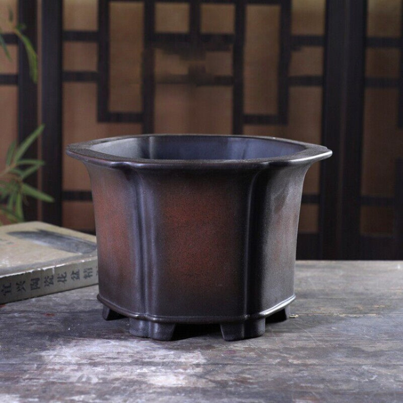 5.5 inch (14cm) Deep Hexagonal Black-Brown Dual Tone Unglazed Semi-Cascase Bonsai Pot