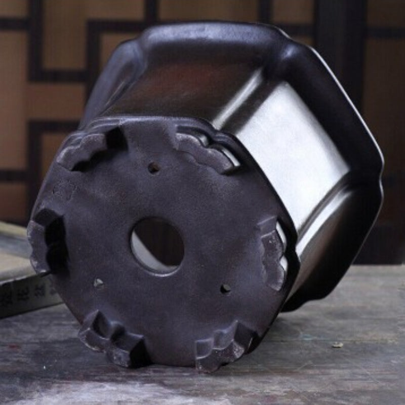 5.5 inch (14cm) Deep Hexagonal Black-Brown Dual Tone Unglazed Semi-Cascase Bonsai Pot Bottom Outside View