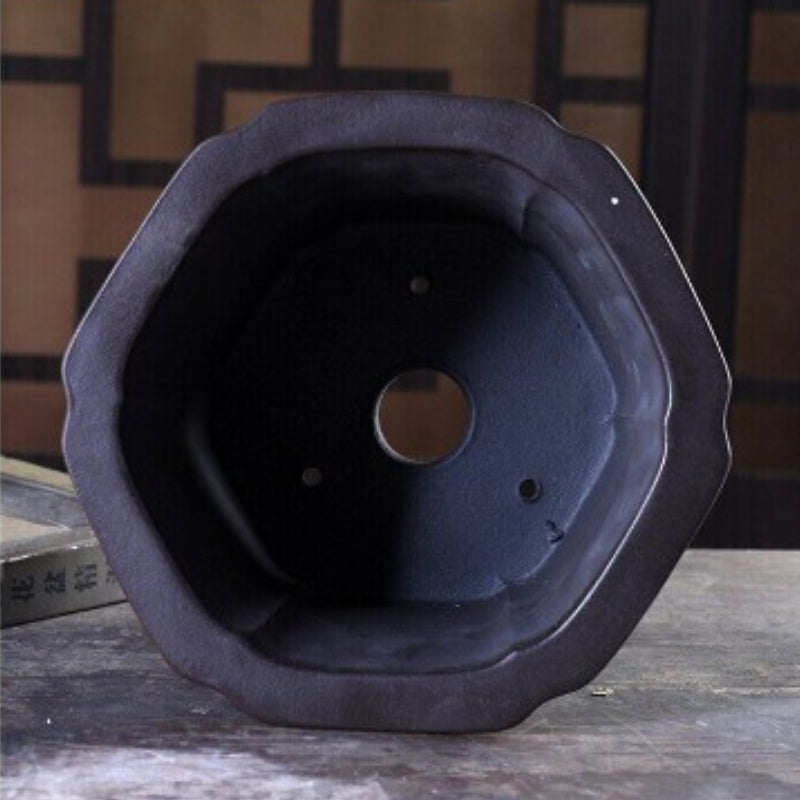 5.5 inch (14cm) Deep Hexagonal Black-Brown Dual Tone Unglazed Semi-Cascase Bonsai Pot Inside View