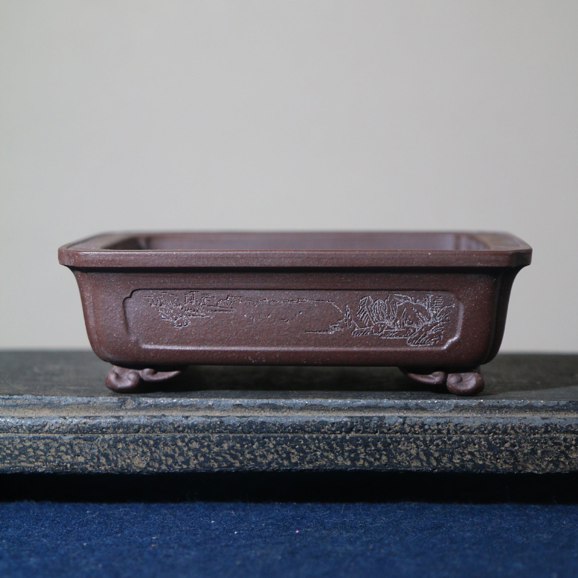5.5 inch (14cm) Rectangular Unglazed Shohin Bonsai Pot w Cloud-Style Feet & Chinese Calligraphy
