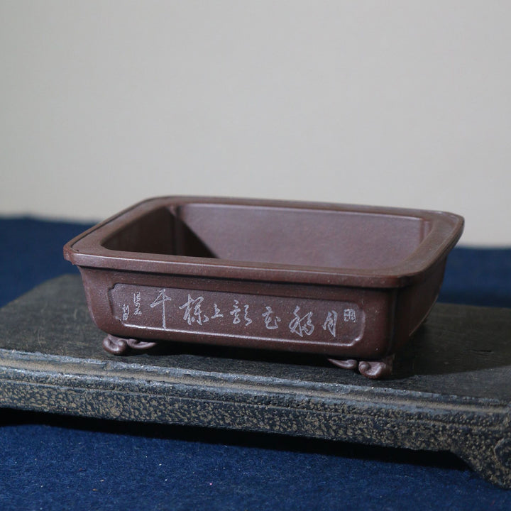 5.5 inch (14cm) Rectangular Unglazed Shohin Bonsai Pot w Cloud-Style Feet & Chinese Calligraphy Corner View