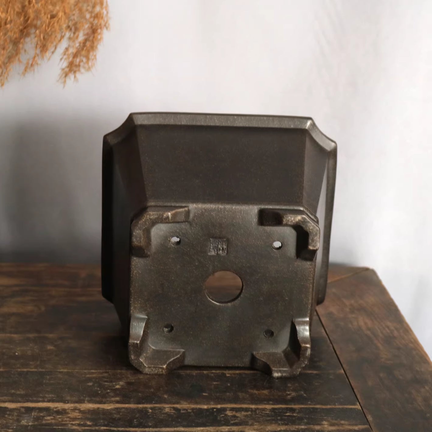 5.5 inch (19.8cm) Deep Square Corner-Cut Cascade/Semi Cascade Bonsai Pot Black Bottom View