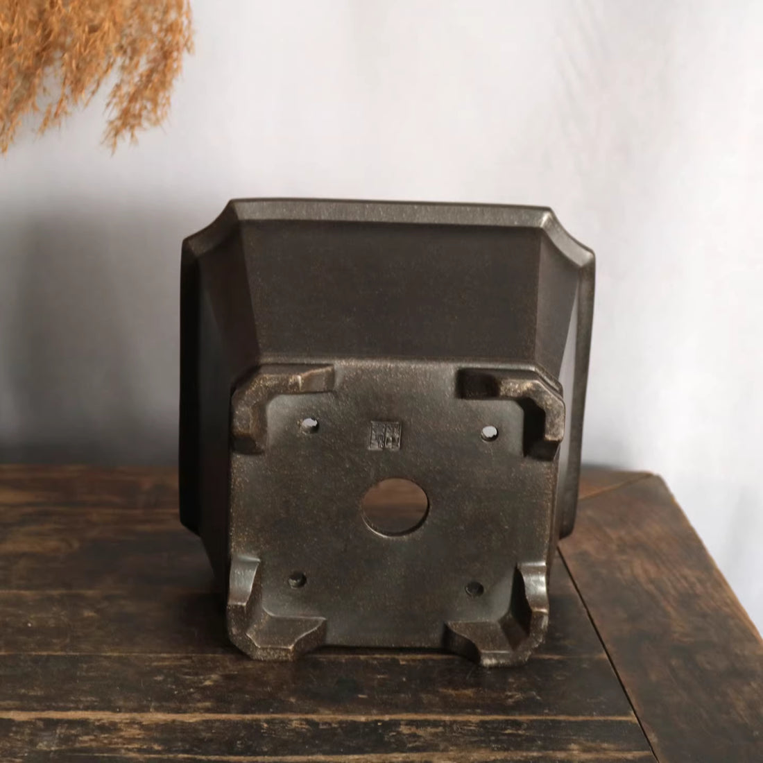 5.5 inch (19.8cm) Deep Square Corner-Cut Cascade/Semi Cascade Bonsai Pot Black Bottom View