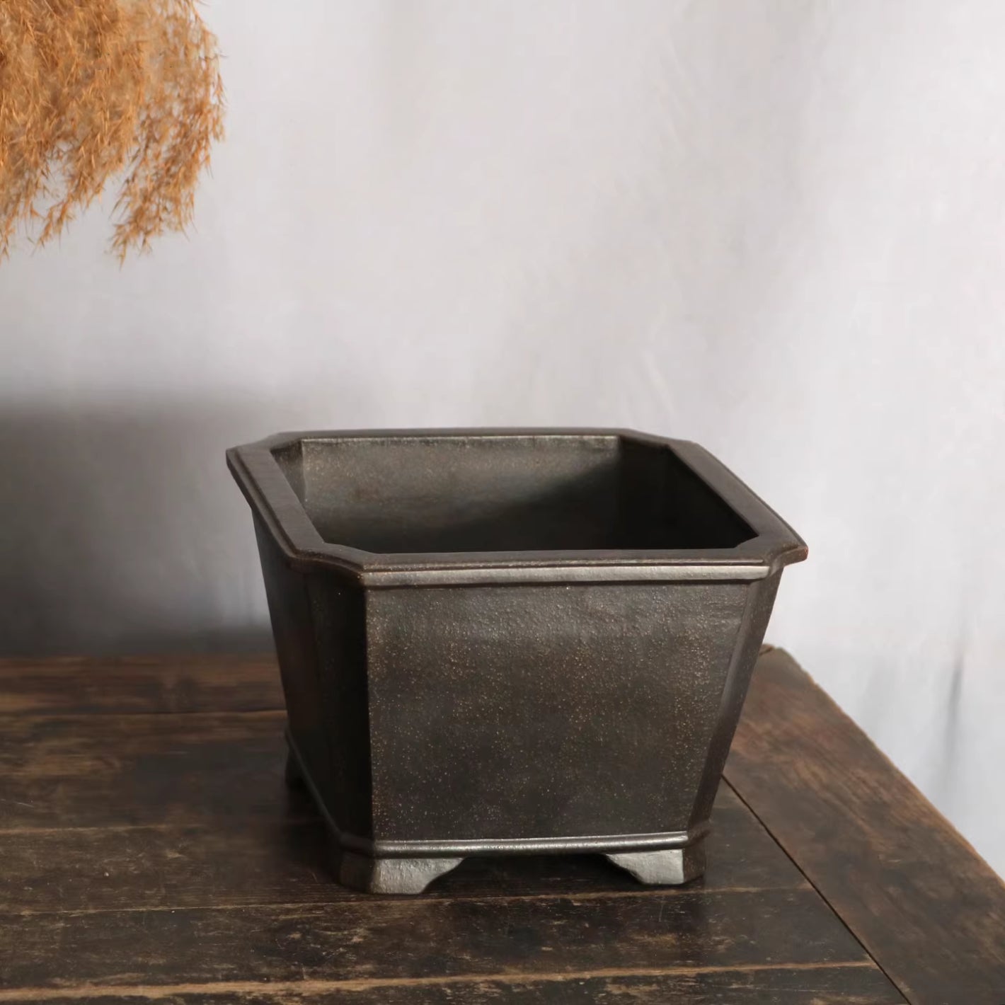 5.5 inch (19.8cm) Deep Square Corner-Cut Cascade/Semi Cascade Bonsai Pot Black Top View