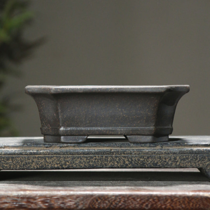 5.6" (14.2cm) Small Corner-Cut Flared Rectangular Unglazed Shohin/Mame Bonsai Pot Black Color