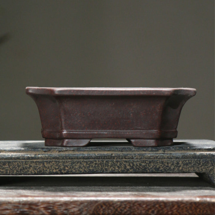 5.6" (14.2cm) Small Corner-Cut Flared Rectangular Unglazed Shohin/Mame Bonsai Pot Brown Color
