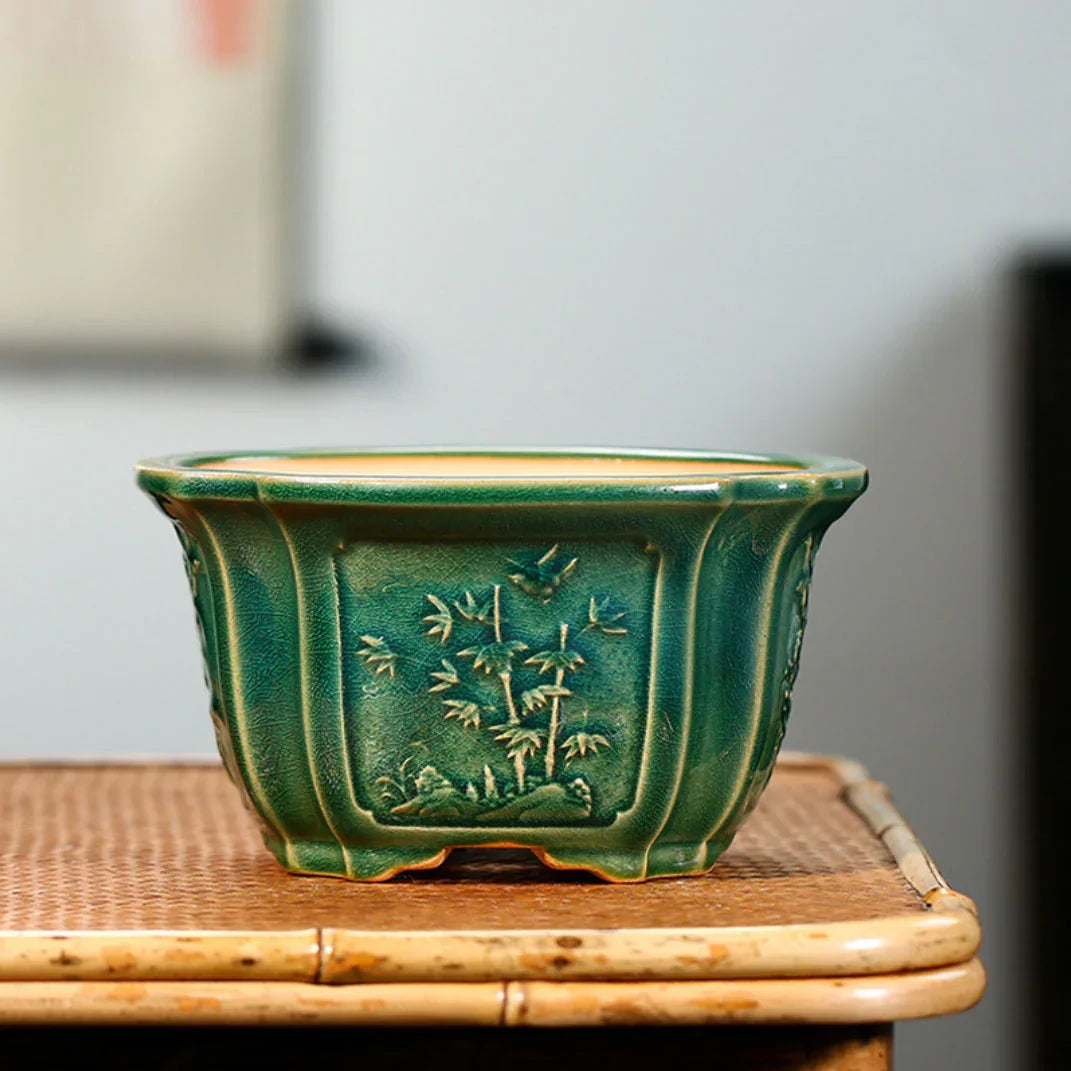 5.6" (14.3cm) Small Round Cracked Glaze Bonsai Pots Green Color