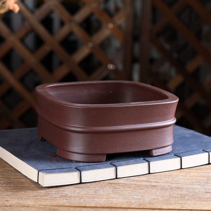 5.6 inch (14.2cm) Small Square Premium Unglazed Bonsai Pot w Mid-Body Raised Line Corner View