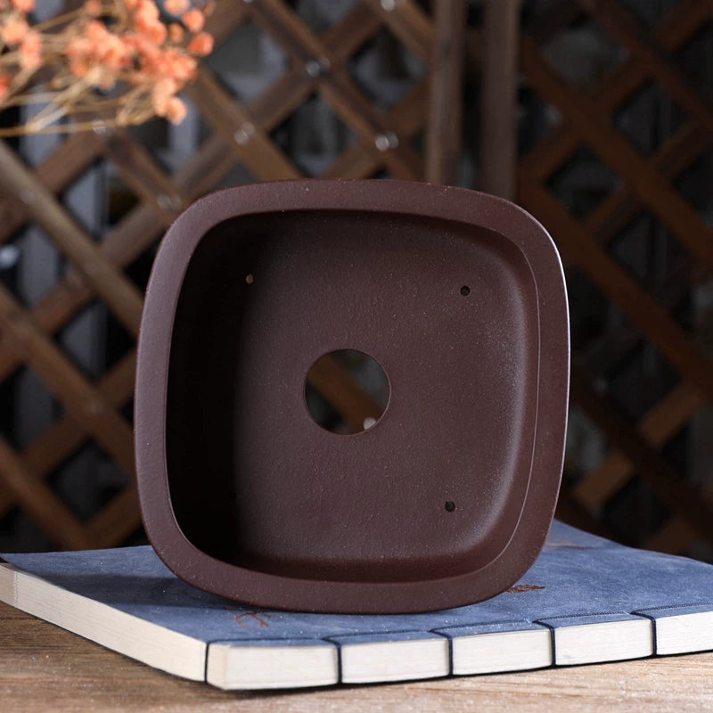 5.6 inch (14.2cm) Small Square Premium Unglazed Bonsai Pot w Mid-Body Raised Line Inner View