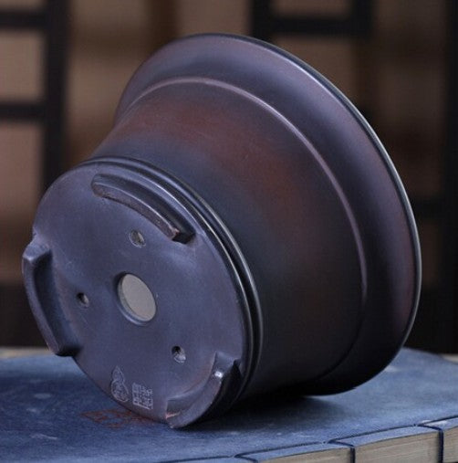 5.6 inch (14.2cm) Wide 3.1 inch (8cm) Deep Flared Round Black-Brown Gradient Semi Cascade Bonsai Pot Bottom View