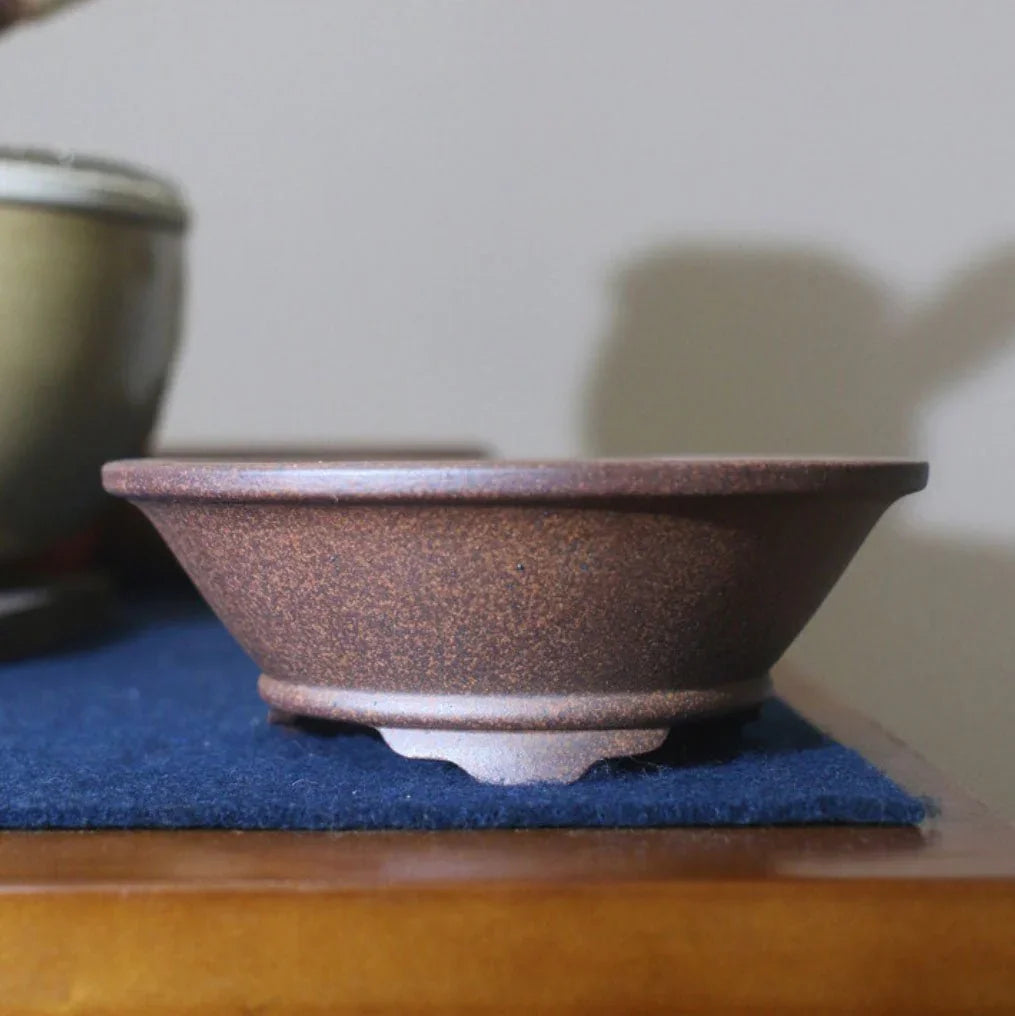 5.7" (14.5cm) Small Round Rustic Handmade Unglazed Bonsai Pot Corner View