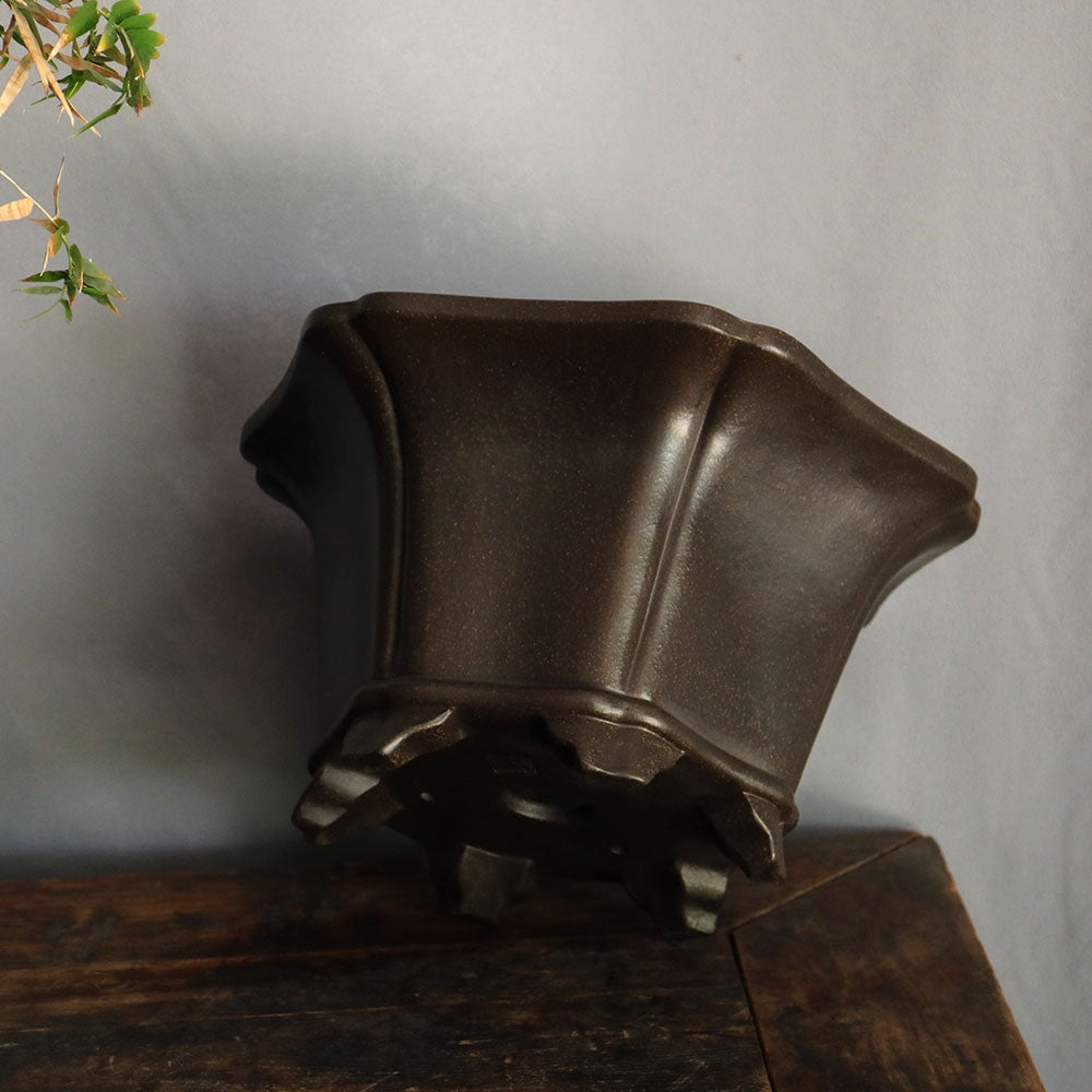 5.7 inch (14.5cm) Deep Hexagonal Flared Premium Black Semi Cascade Bonsai Pot Bottom Corner View