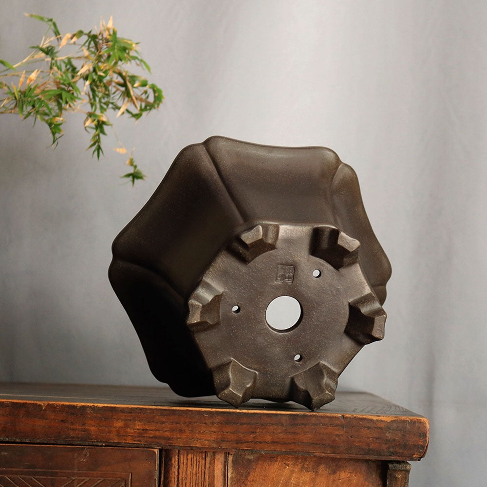 5.7 inch (14.5cm) Deep Hexagonal Flared Premium Black Semi Cascade Bonsai Pot Bottom View
