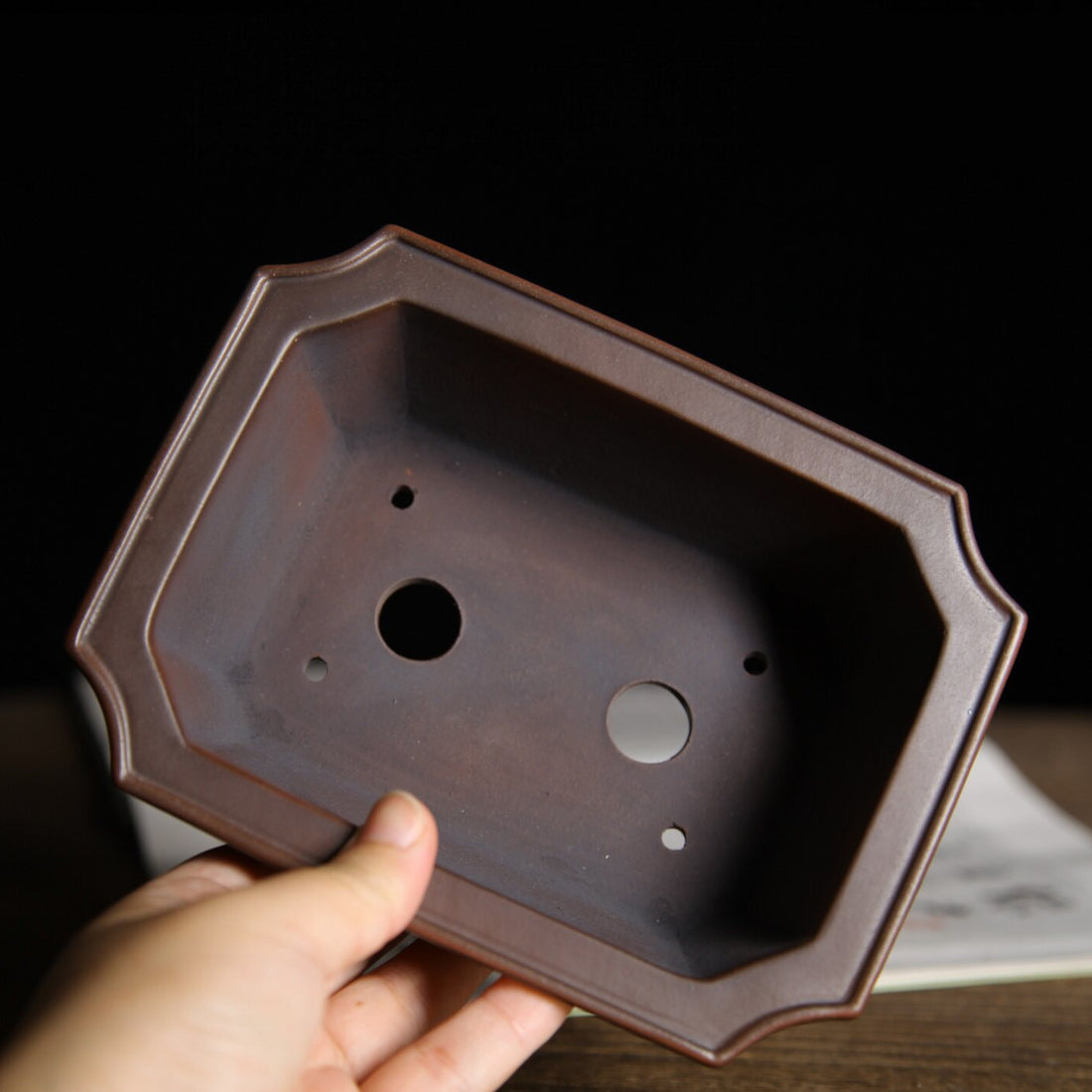 5.7 inch (14.5cm) Small Flared Corner-Cut Rectangular Gradient Finish Bonsai Pot w Cloud Feet Inside View