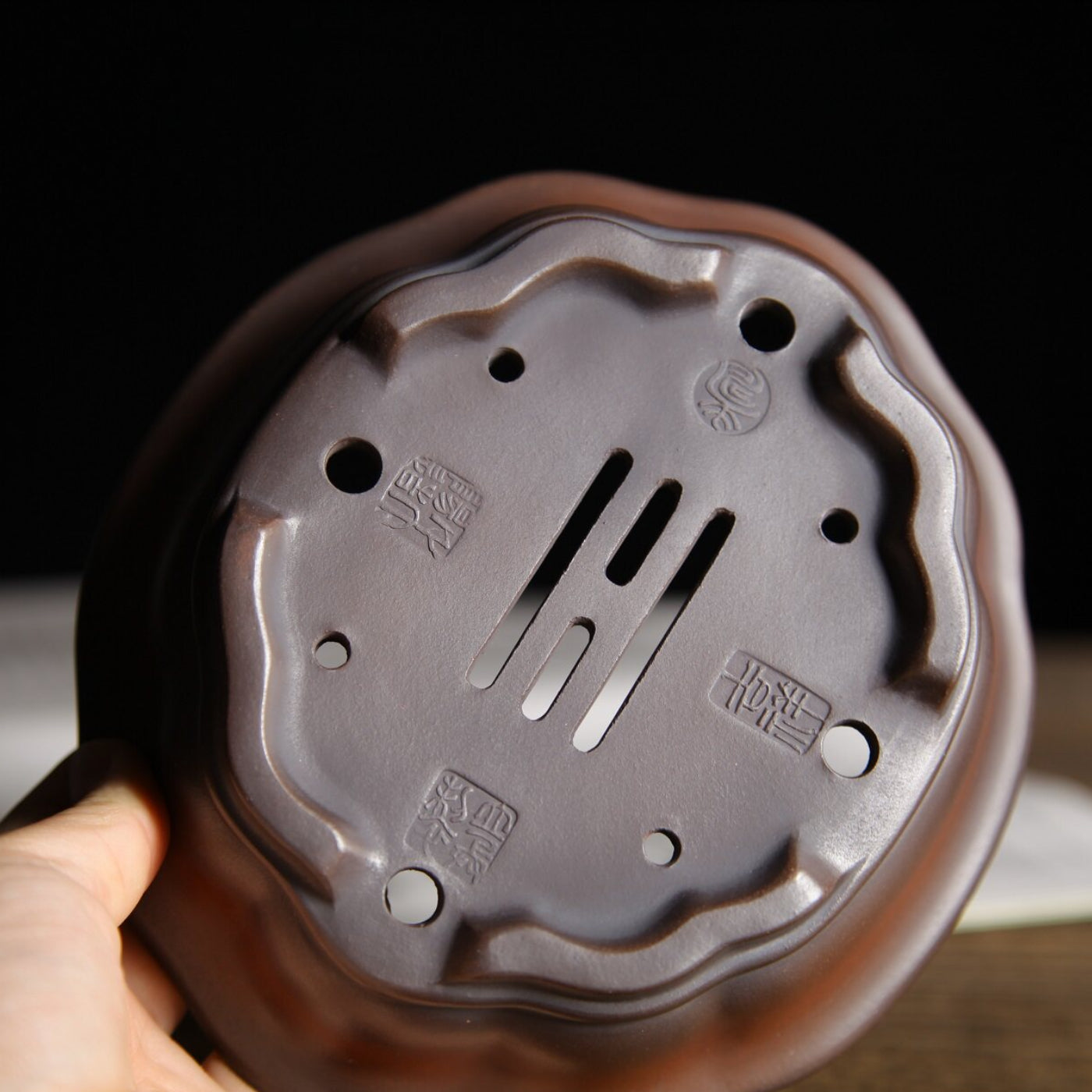 5.7 inch (14.6cm) Small Lotus-Shaped Gradient Finish Unglazed Wood-Fired Premium Bonsai Pot Bottom View