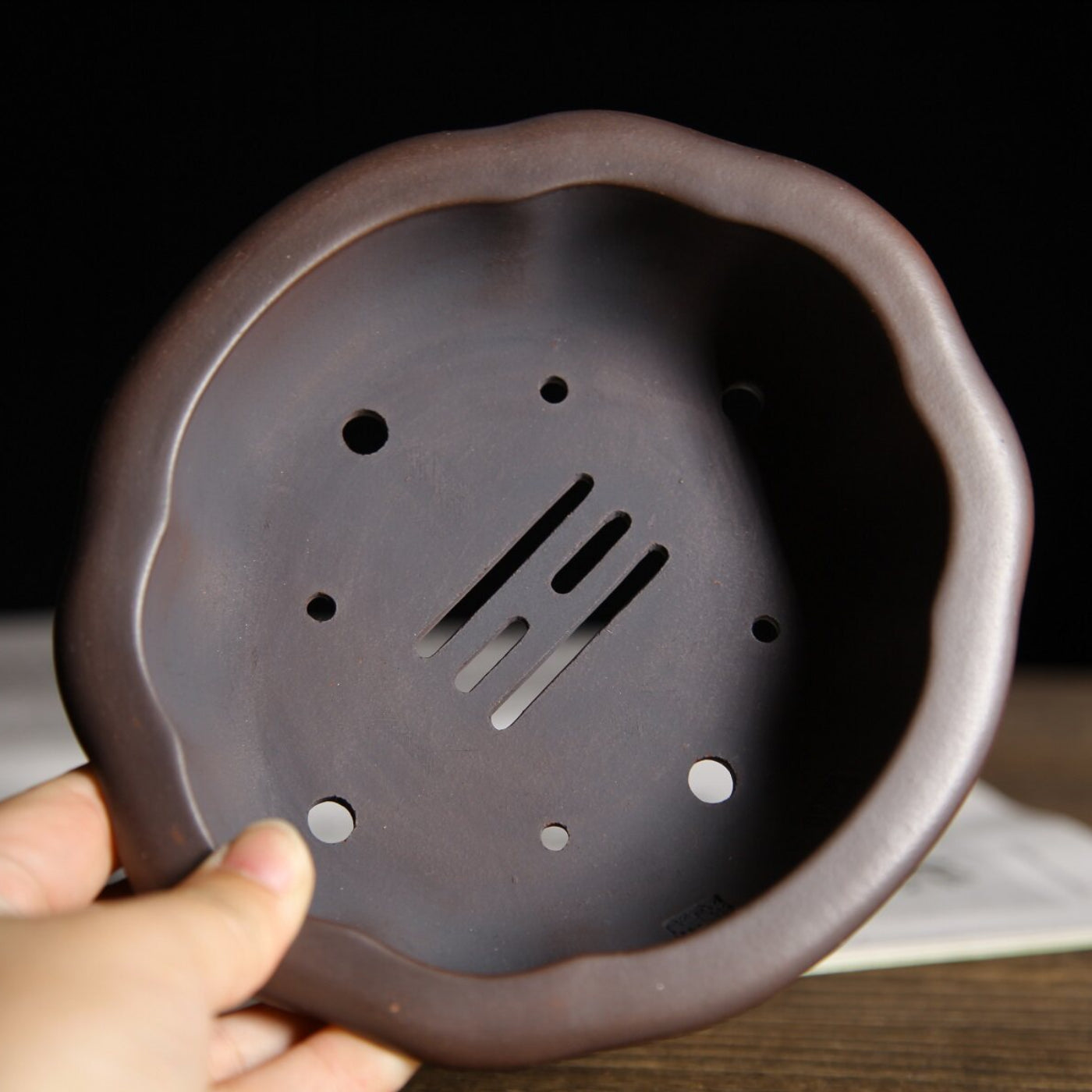 5.7 inch (14.6cm) Small Lotus-Shaped Gradient Finish Unglazed Wood-Fired Premium Bonsai Pot Inside View