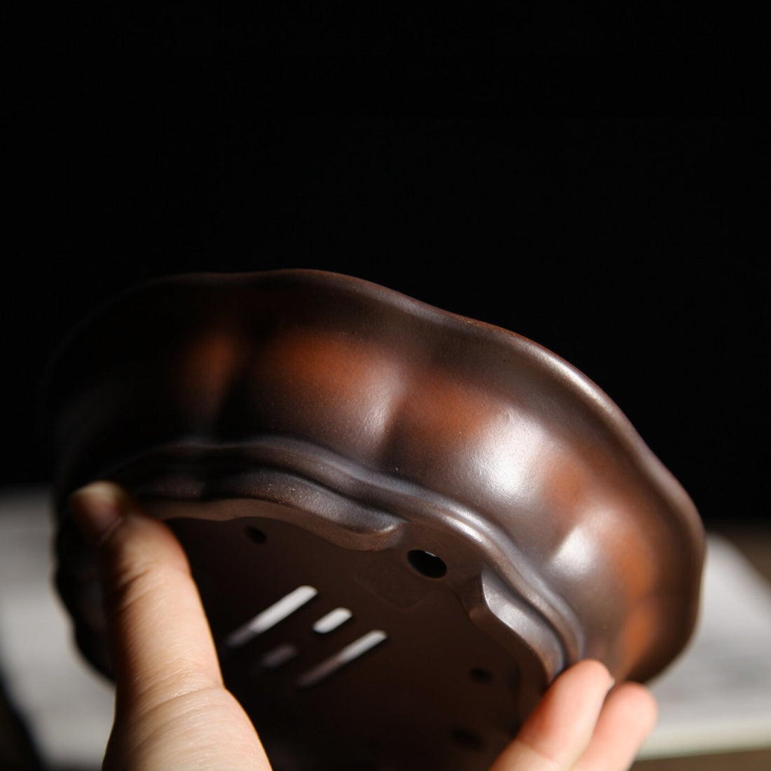 5.7 inch (14.6cm) Small Lotus-Shaped Gradient Finish Unglazed Wood-Fired Premium Bonsai Pot Side View