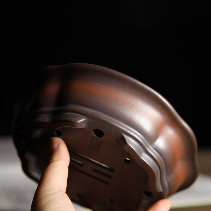 5.7 inch (14.6cm) Small Lotus-Shaped Gradient Finish Unglazed Wood-Fired Premium Bonsai Pot Side View