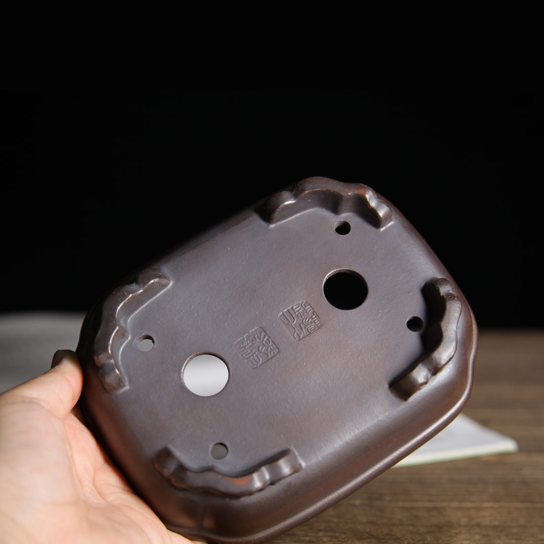 5.7 inch (14.6cm) Small Rectangular Indented Corner Cloud Feet Premium Bonsai Pot Bottom View