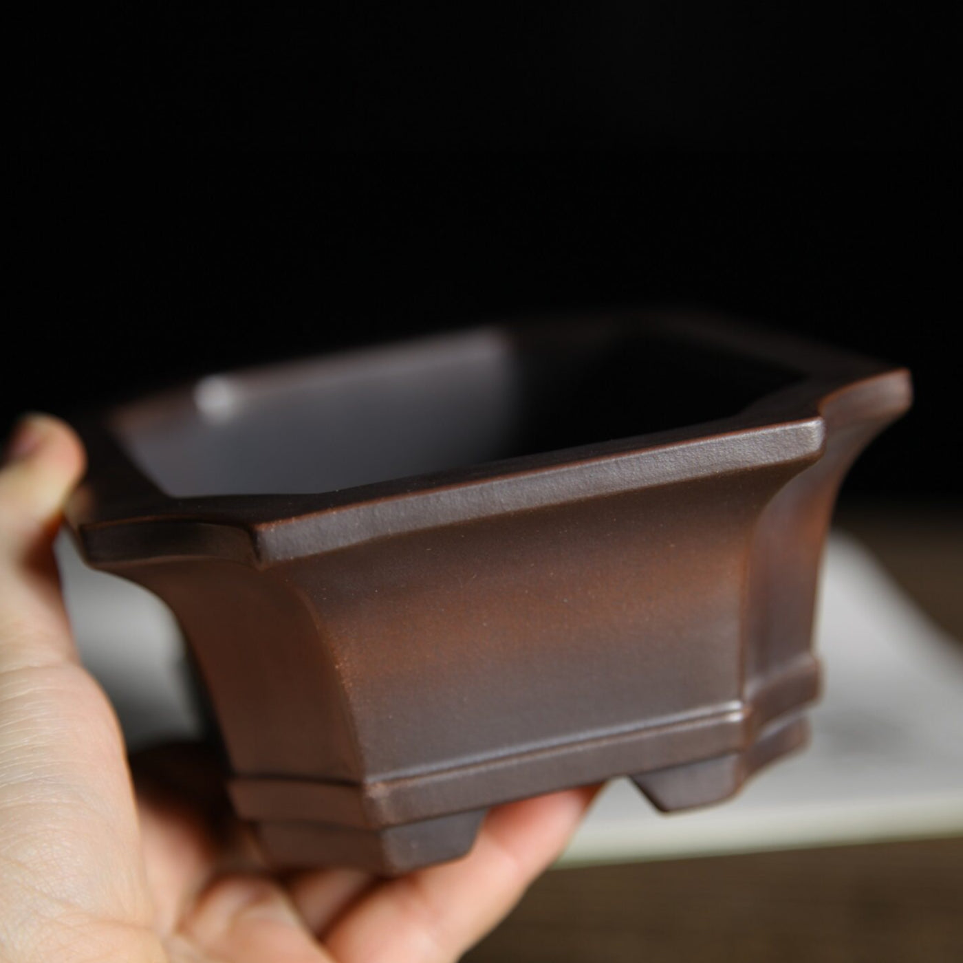 5.7 inch (14.7cm) Corner-Cut Flared Rectangular Gradient Finish Unglazed Premium Bonsai Pot Side View