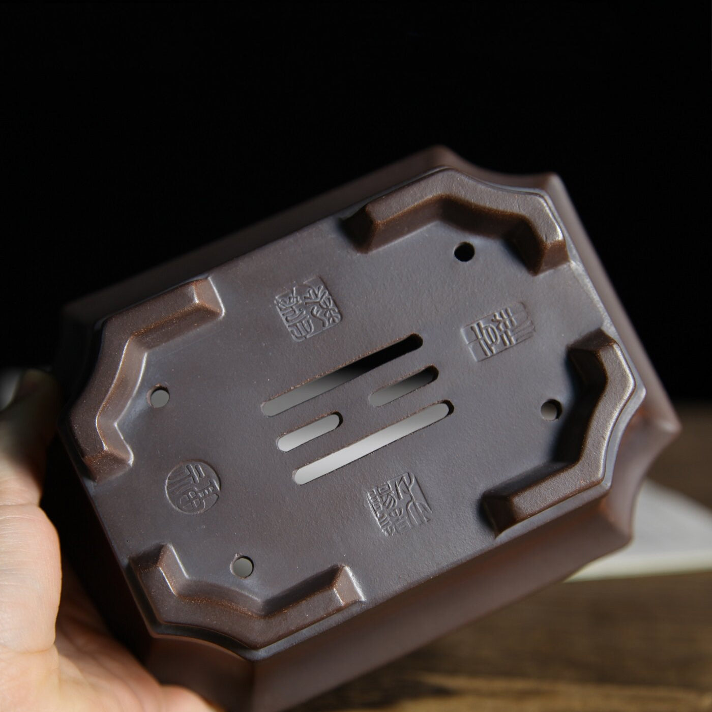 5.7 inch (14.7cm) Corner-Cut Flared Rectangular Gradient Finish Unglazed Premium Bonsai Pot Bottom View.